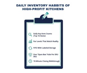 A checklist graphic showing daily inventory tasks that prevent month-end profit surprises.