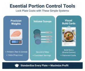 A visual guide to the tools needed for consistent restaurant portion control, including scales and labeled ladles.