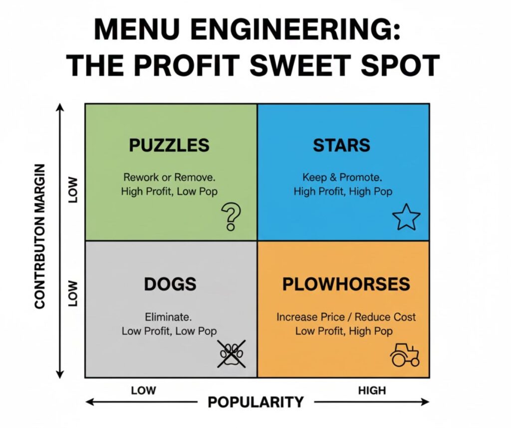 Menu engineering infographic showing the profit sweet spot with stars, plowhorses, puzzles, and dogs based on popularity and contribution margin