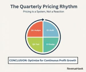 A circular RevenueHawk diagram showing the repeatable quarterly system for reviewing and adjusting restaurant prices.