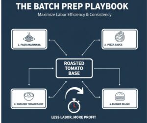 Diagram showing how batch prepping shared components across multiple dishes lowers restaurant labor costs.
