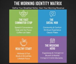 A 4-quadrant diagram showing different restaurant breakfast identities: Commuter (speed), Social (comfort), Healthy (wellness), and Weekend (brunch).