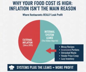 Comparison chart showing that internal system leaks contribute more to high food costs than general inflation.