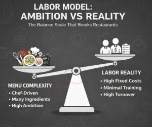 A balance scale comparing menu complexity on one side with labor reality and training on the other, showing the need for operational alignment.