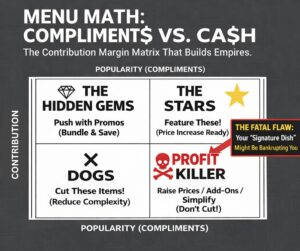 A 2x2 business matrix comparing dish popularity against contribution margin. It identifies "Profit Stars" versus "Profit Killers" to assist in menu engineering.
