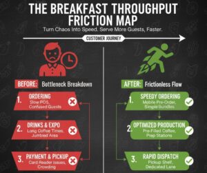 A workflow diagram identifying common breakfast service bottlenecks like slow coffee prep and payment friction, with tips for streamlining throughput.