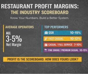 A horizontal comparison chart showing restaurant net profit margins. It displays the industry average of 3-5% contrasted against top performer benchmarks for QSR, Fast Casual and Full Service.