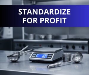 Essential kitchen portion control tools including digital scales and standardized scoops for consistent plate costs.