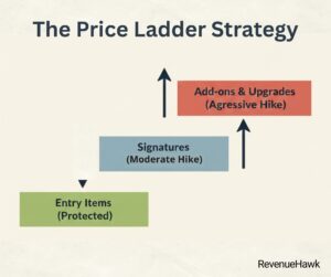 A RevenueHawk diagram of a menu price ladder showing how to protect entry-level prices while raising margins on upgrades.