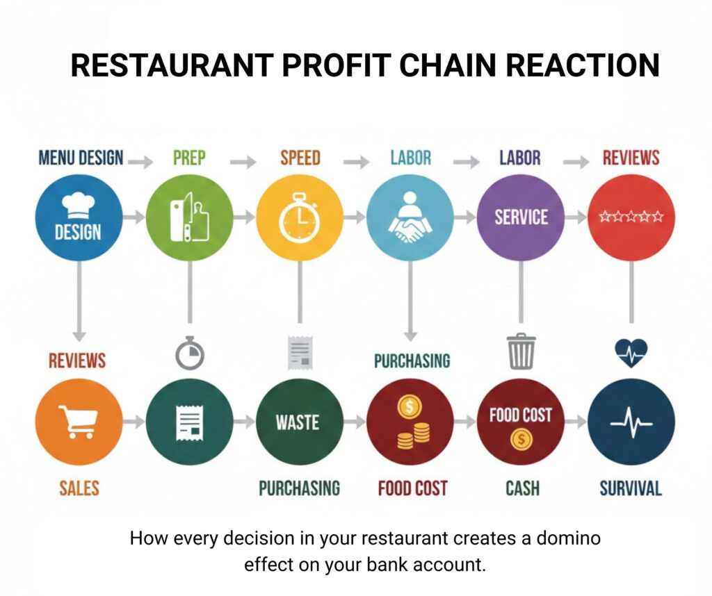 Diagram showing how restaurant menu design, prep, speed, labor, service, and reviews create a chain reaction that impacts profit and cash flow
