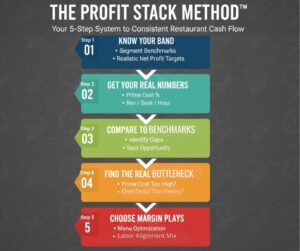 A 5-step process diagram titled "The Profit Stack Method™" outlining the sequence to improve margins: 1) Know Segment Target Band, 2) Get Real Numbers, 3) Compare to Benchmarks, 4) Find the Real Bottleneck, and 5) Choose Margin Plays.