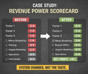 A digital dashboard showing a "Before and After" comparison of restaurant performance factors, showing scores increasing from low to high after implementing a growth system.