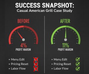 Before and after dashboard of a casual grill showing a profit margin increase from 4% to 11% through menu edits and labor optimization.