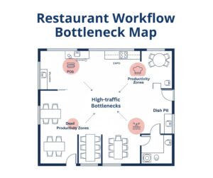 An illustrated restaurant floor plan highlighting common areas where staff movement is restricted and productivity is lost.