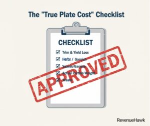 A RevenueHawk checklist for restaurant owners to ensure they are calculating the true cost of a dish, including hidden expenses like yield loss.