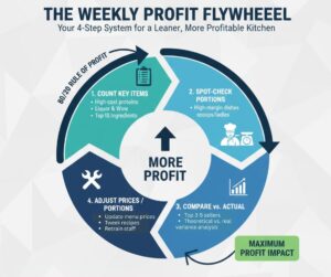 A circular process diagram for maintaining accurate restaurant food costs through weekly audits and inventory habits.