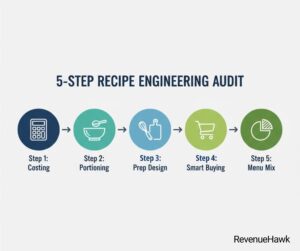 A RevenueHawk 5-step visual guide for a restaurant recipe audit including costing, portioning, and menu mix management.