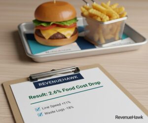 RevenueHawk case study results showing a 2.6 percent food cost reduction on a burger menu item through recipe engineering.