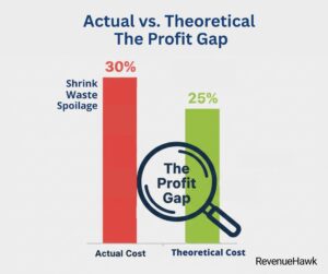 RevenueHawk comparison chart of actual vs theoretical food cost identifying the unexplained profit gap.