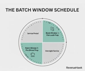 RevenueHawk daily restaurant schedule showing dedicated batch prep windows to reduce labor chaos.