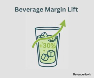 RevenueHawk graphic of a beverage glass with a positive percentage, symbolizing increased beverage margins.
