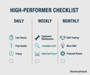RevenueHawk graphic illustrating a daily, weekly, and monthly checklist for high-performing restaurant operations.
