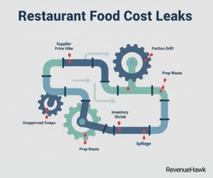 RevenueHawk graphic illustrating a restaurant system with multiple small leaks, representing various sources of food cost spikes.
