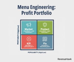 RevenueHawk image of menu engineering matrix grid used to rank items by popularity and profitability.