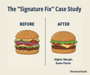 RevenueHawk case study - visual comparison of a menu item before and after margin optimization.