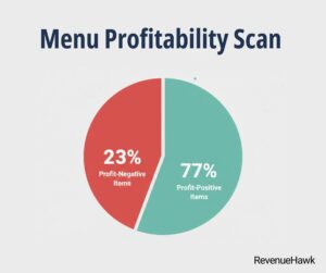 RevenueHawk infographic showing that 23 percent of restaurant menu items are profit-negative.