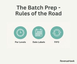RevenueHawk visual guide to standardizing batch prep to reduce food waste and spoilage.