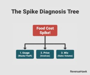 RevenueHawk image of decision tree for identifying the cause of sudden spikes in restaurant food costs.