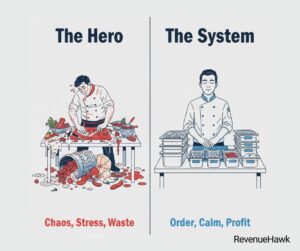 RevenueHawk comparison of a chaotic hero-based kitchen versus a systematic batch prep kitchen.