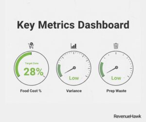 RevenueHawk dashboard showing the primary metrics for restaurant food cost and prep efficiency.