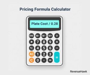 RevenueHawk graphic showing the 28 percent food cost pricing formula for restaurant menus.