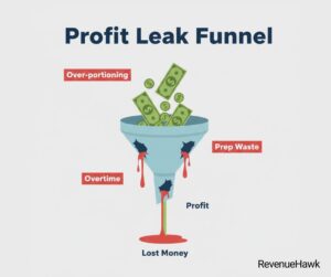 RevenueHawk infographic showing how prep-related waste and labor leaks reduce restaurant profit margins.