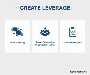 RevenueHawk image with strategies for creating leverage with suppliers including GPOs and dual sourcing.