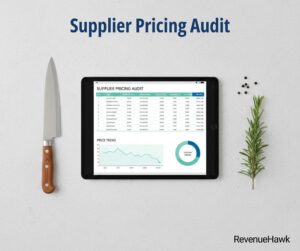 Professional restaurant procurement planning by RevenueHawk with digital spreadsheet and kitchen tools.