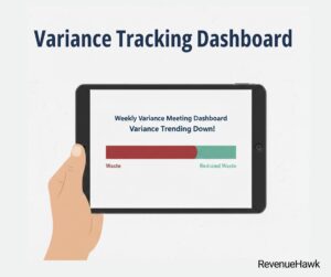 RevenueHawk image of digital dashboard showing a reduction in food waste variance over time.