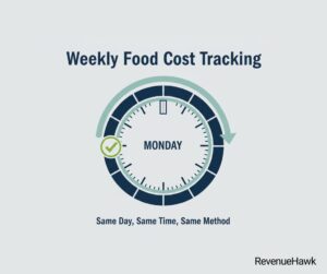 RevenueHawk graphic of a calendar emphasizing a consistent weekly food cost tracking routine.