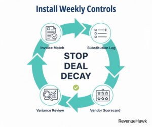 RevenueHawk diagram showing weekly system for preventing price creep and monitoring restaurant vendor performance.