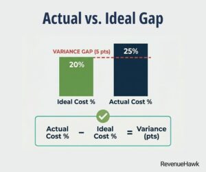 RevenueHawk bar chart showing the variance gap between actual and ideal beverage cost percentages.