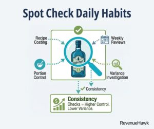 RevenueHawk infographic of magnifying glass over a bottle representing daily restaurant inventory spot checks.