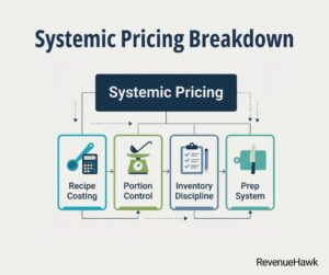 RevenueHawk flat design breakdown of systemic pricing into recipe costing, portion control, inventory discipline, and prep systems.